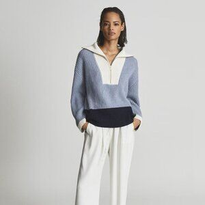 REISS Jackie Rib Knit Half Zip Wool Blend Sweater